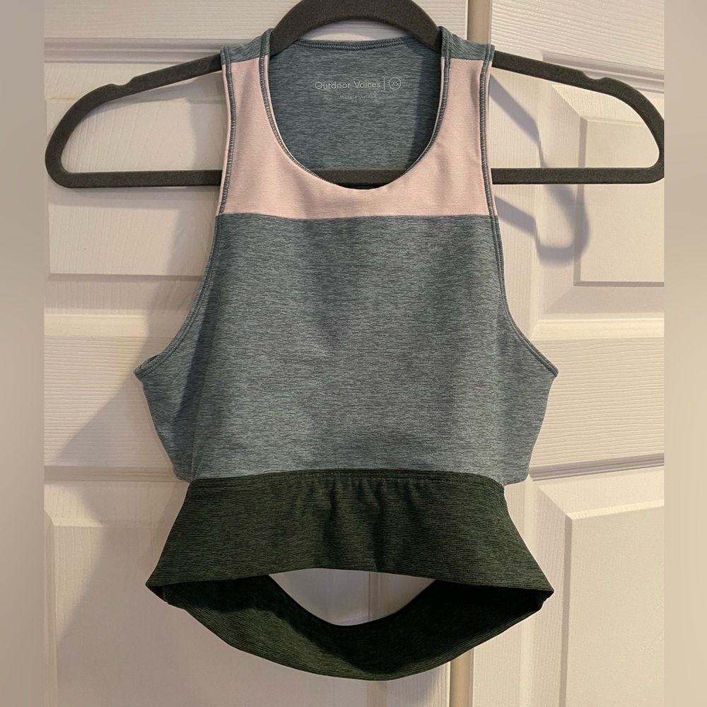 Outdoor Voices Colorblock Racerback Sports Bra in Blue, Pink, and Green
